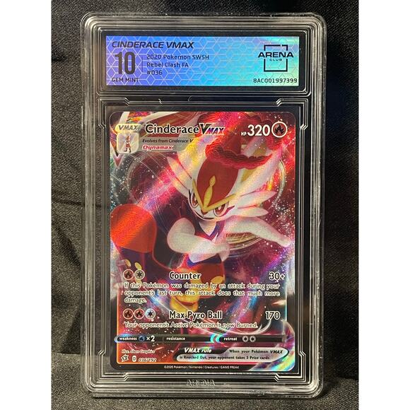2020 Pokémon Cinderace VMAX #36 Rebel Clash FA ArenaClub Graded GEM MINT 10 - Picture 1 of 4